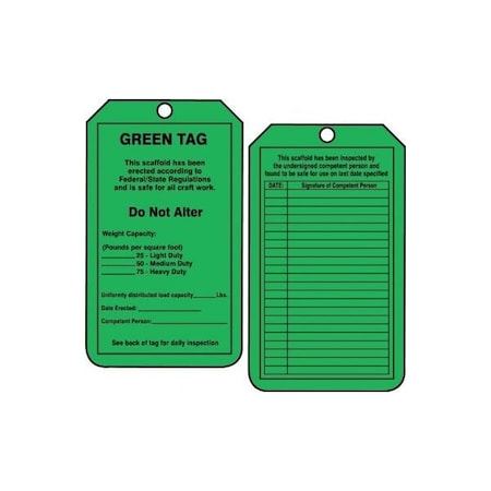 Accuform Safety Tags, GREEN TAG THIS SCAFFOLD HAS BEEN ERECTED, 5.75in x 3.25in, RP-Plastic, 5PK TRS209PTM